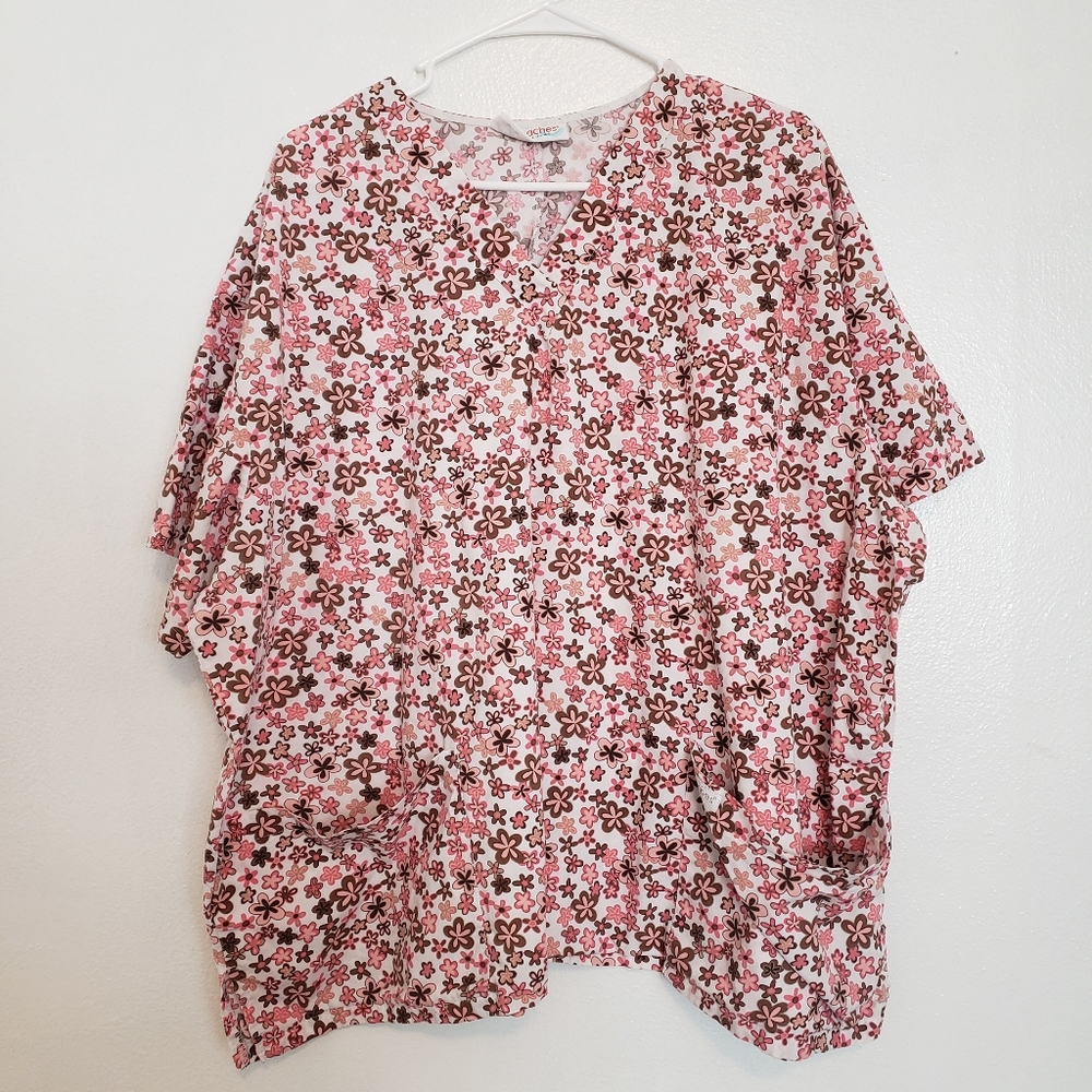 PEACHES brown pink floral Scrub Top 3X